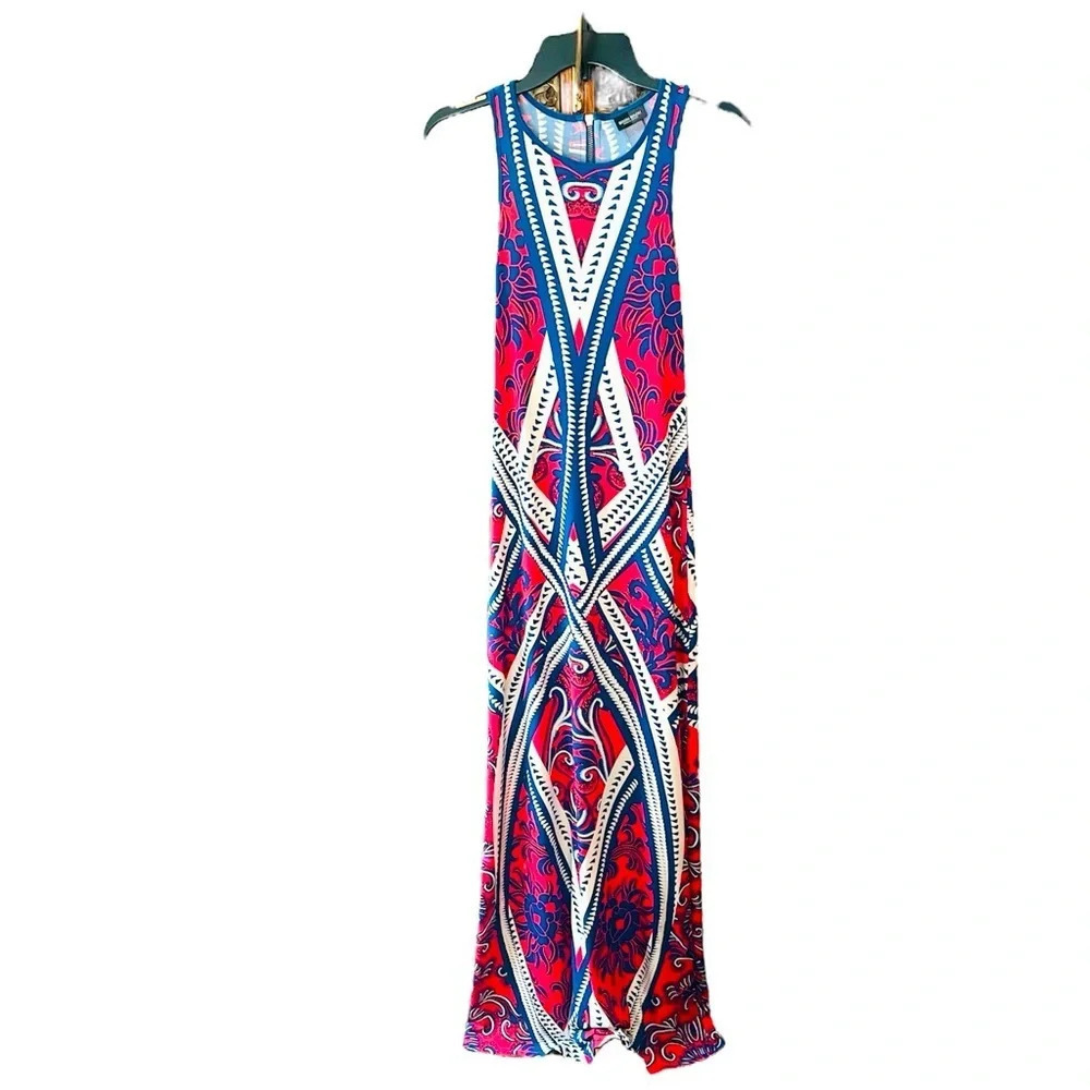 Bisou Bisou women’s sleeveless racerback stretch maxi dress SZ 4 pink blue white